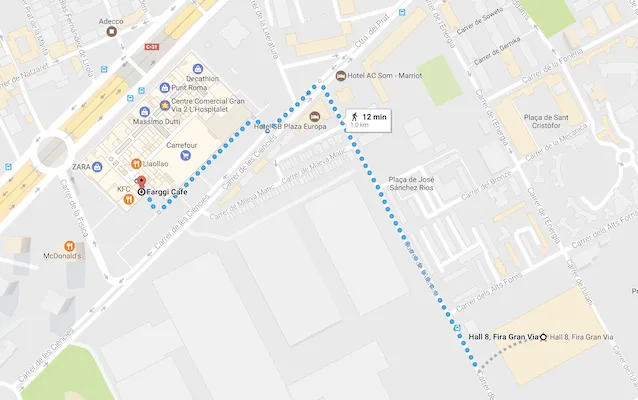 Google Maps Hall 8 of the Fira Grand Via to Farggi Cafe